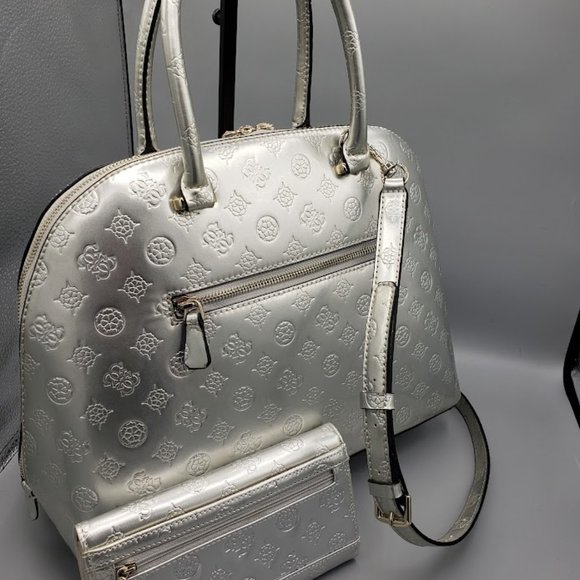 Guess Peony Dome Satchel and Wallet/Clutch in Silver - Picture 2 of 11